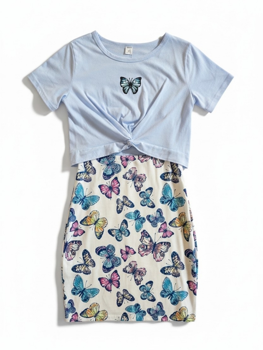 NEW! Shein Y2K Light Blue Butterfly Crop Top & Butterfly Print Dress Set
